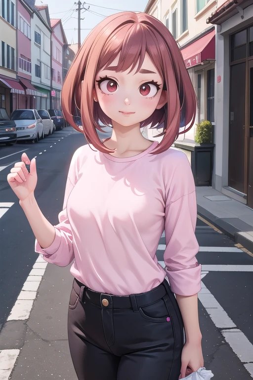 Menina anime with a pink shirt and black pants standing in the middle of a street, anime realista 3 d style, arte cg anime suave, seductive Menina anime, Menina anime, Ilia Kuvshinov. 4K, Menina anime in real life, anime realista, Guweiz, attractive Menina anime, obra de arte al estilo de Guweiz, hyper anime realista ochako uraraka