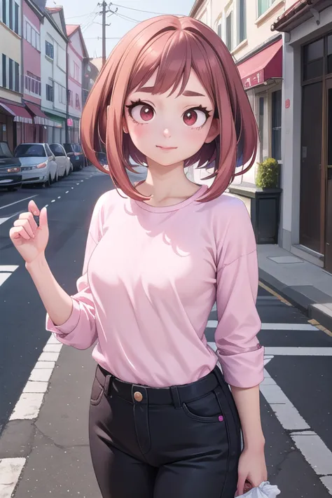 chica anime with a pink shirt and black pants standing in the middle of a street, anime realista 3 d style, arte cg anime suave,...