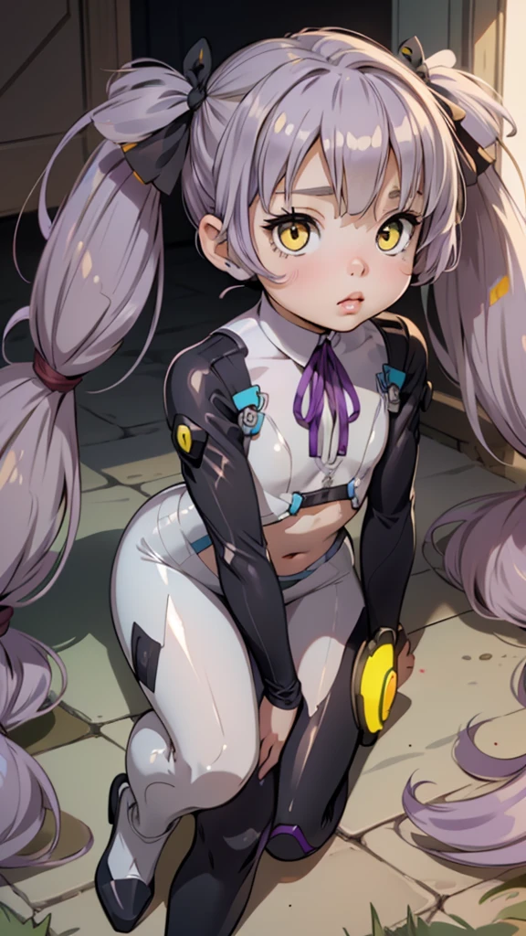 One girl,(((Young face))),((Short))、(((Round face)))、(((Yellow Eyes)))、(((Light purple hair)))、((Twin tails long enough to reach the ground))、(((long hair)))、(Black Ribbon),Pink lips,Cute Face, Sitting,Wearing a full body suit,Black bodysuit,Shiny bodysuit ,Underbust, shirt, ((flat chest, Flat Stomach, Baby Face)), (Vibrant colors),Ogasawara Hisame