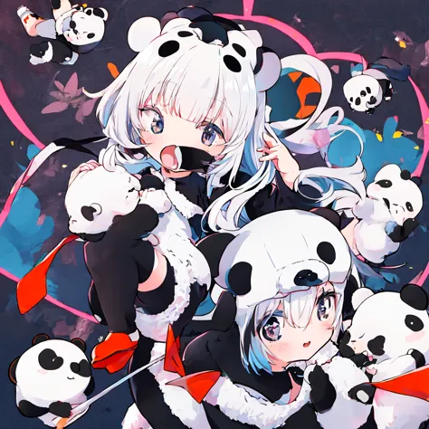 anime、A little kid wearing a panda costume、Cute pose