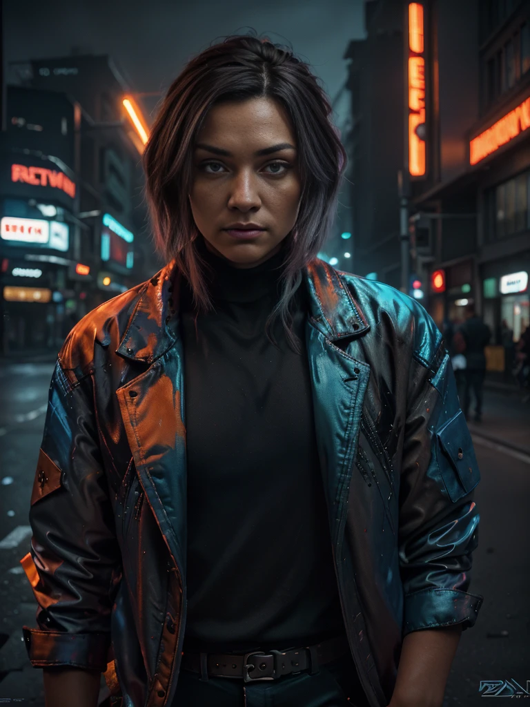 Realistic photo of a Man in  the middle of cyberpunk city Street:1.5, Shadow play, mist, moody, glossy short ash gray hair, orange tech jacket, red iris eyes, vivid, red, cream, brown, green, neon light, purple neon, blue neon, red neon,, Film light, Hyper detailed, Hyper realistic, masterpiece, atmospheric, High resolution, Vibrant, High contrast, dark angle, art by Koos Roos, 8k, HDR, 500px