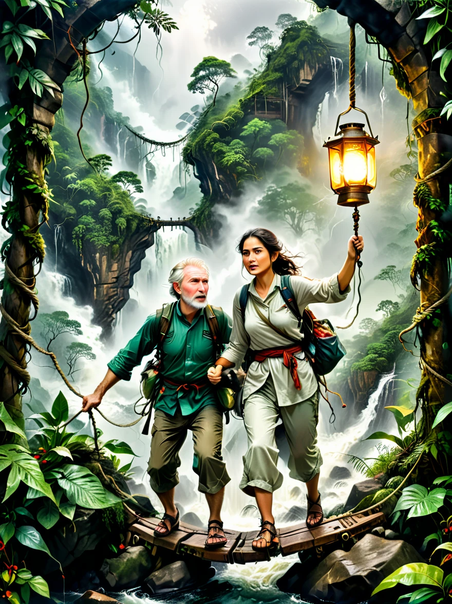 This is an exciting adventure theme picture，Demonstrated resilience in the face of adversity。The background of the picture is a dense rainforest，Depicts a middle-aged white man and a young Middle Eastern woman，Both were dressed in rough clothing，Getting ready for a hike in the jungle。In a fierce storm，They crossed a dangerous rope bridge，There is a turbulent river under the bridge。On the top of a distant mountain，A figure holding a lantern，Bringing hope and inspiration to people。This image symbolizes courage in the face of adversity、Determination and tenacity，Emphasizes the indomitable spirit of human beings。