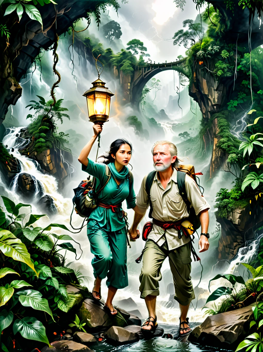 This is an exciting adventure theme picture，Demonstrated resilience in the face of adversity。The background of the picture is a dense rainforest，Depicts a middle-aged white man and a young Middle Eastern woman，Both were dressed in rough clothing，Getting ready for a hike in the jungle。In a fierce storm，They crossed a dangerous rope bridge，There is a turbulent river under the bridge。On the top of a distant mountain，A figure holding a lantern，Bringing hope and inspiration to people。This image symbolizes courage in the face of adversity、Determination and tenacity，Emphasizes the indomitable spirit of human beings。