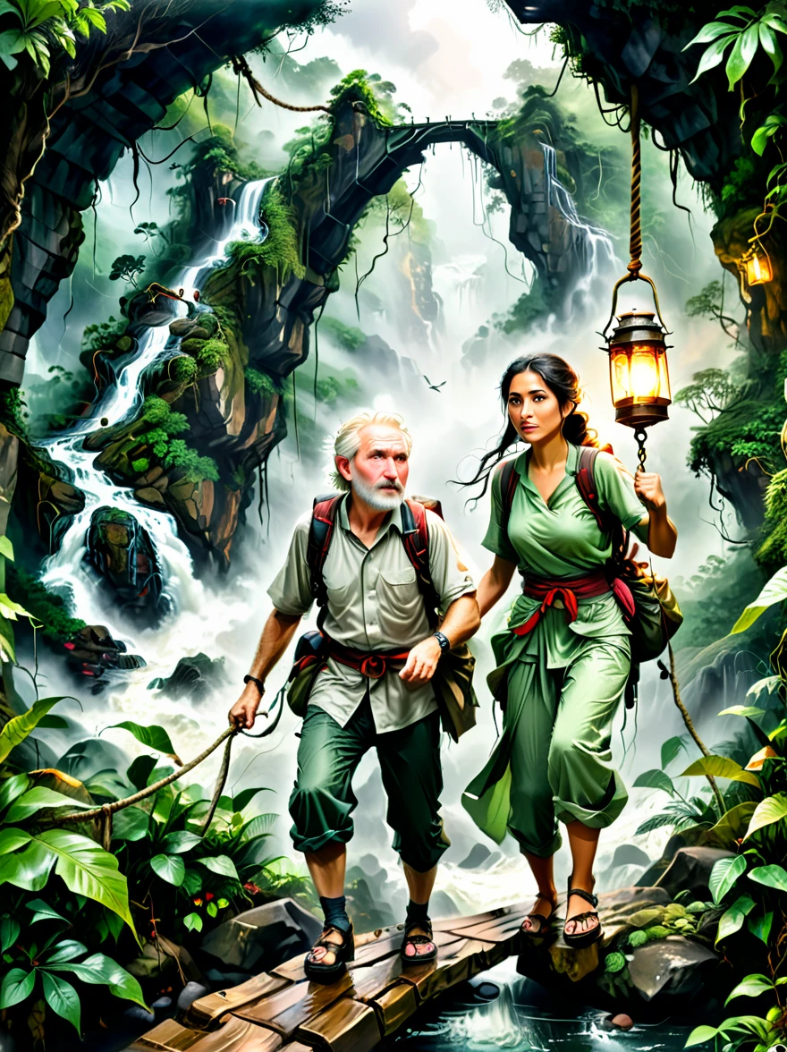 This is an exciting adventure theme picture，Demonstrated resilience in the face of adversity。The background of the picture is a dense rainforest，Depicts a middle-aged white man and a young Middle Eastern woman，Both were dressed in rough clothing，Getting ready for a hike in the jungle。In a fierce storm，They crossed a dangerous rope bridge，There is a turbulent river under the bridge。On the top of a distant mountain，A figure holding a lantern，Bringing hope and inspiration to people。This image symbolizes courage in the face of adversity、Determination and tenacity，Emphasizes the indomitable spirit of human beings。