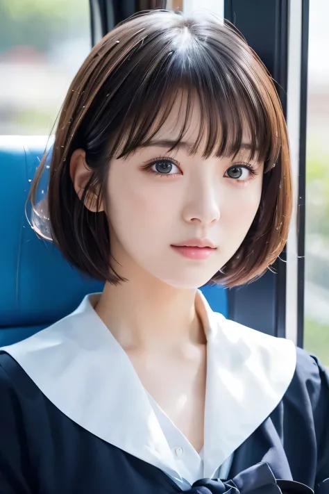 Beautiful girl on the bus, (Highest quality:1.4), (Very detailed), (Very detailed美しい顔), (Looking Outside:1.4), japanese sailor s...