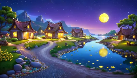 a beautiful calm and peaceful lagoon that reflects the brightness of the stars and moonlight, the stars and the moon have a yell...