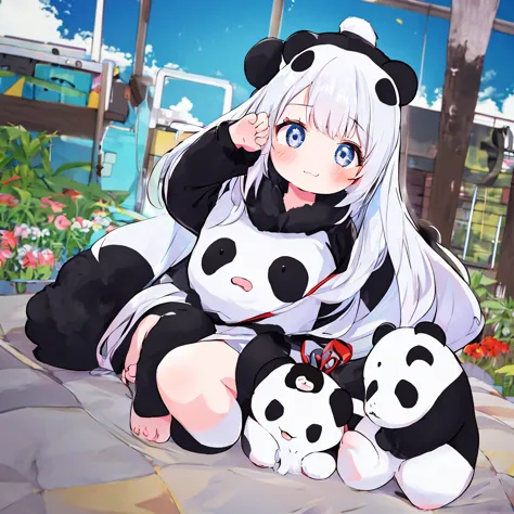 1girl,anime、A little kid wearing a panda costume、Cute pose