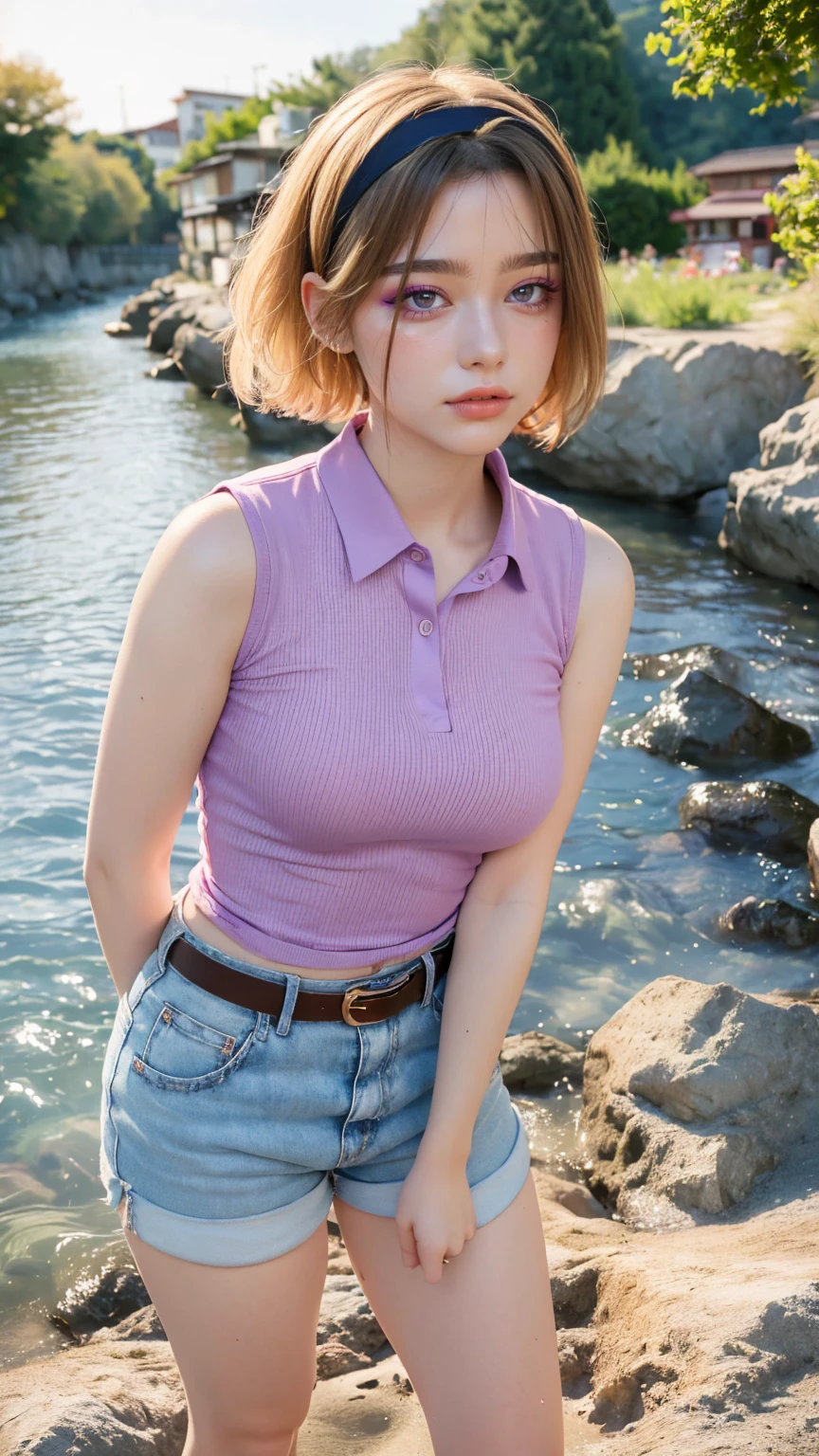 1 woman, grown woman, woman in her 30s, tarankaaa, NOT DASHA TARAN, full body standing, perfect body, best quality, 32k, photograph, full body (head to toe), tone mapping, ((houjou satoko,short hair,black hairband,blonde hair,violet eyes,hair between eyes,collared shirt,sleeveless shirt,pink shirt,shirt tucked in,mid sized breasts,belt,short shorts,blue shorts,white socks,pink footwear, athletic, big woman)), asian-european, ((golden blonde hair, short hair, purple eyes)) perfectly drawn hands, ((masterpiece)), ((highres)), ((detailed background)), japanese village background, next to a river, (big proportions), cute pose, smiling, ((perfect eyes, detailed eyes, realistic eyes)), ((sharp face, detailed face, realistic face, natural skin, realistic skin, detailed skin, pores)), 