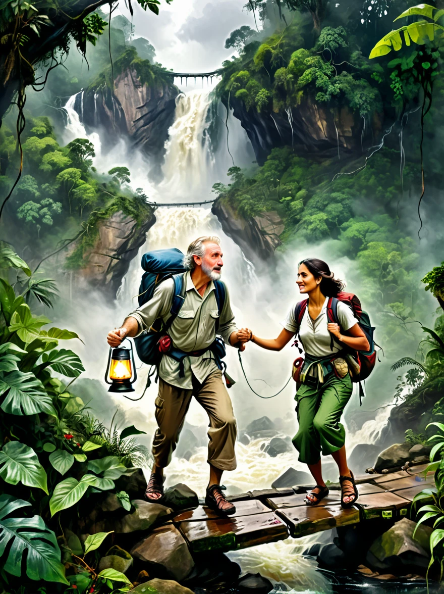 This is a picture full of exciting jungle adventure theme，Demonstrated resilience in the face of adversity，The background of the picture is a dense rainforest，Depicts a middle-aged white man and a young Middle Eastern woman，Both were dressed in rough clothing，Getting ready for a hike in the jungle，In a fierce storm，They crossed a dangerous rope bridge，There is a turbulent river under the bridge，On the top of a distant mountain，A figure holding a lantern，Bringing hope and inspiration to people，This image symbolizes courage in the face of adversity，Determination and tenacity，Emphasizes the indomitable spirit of human beings