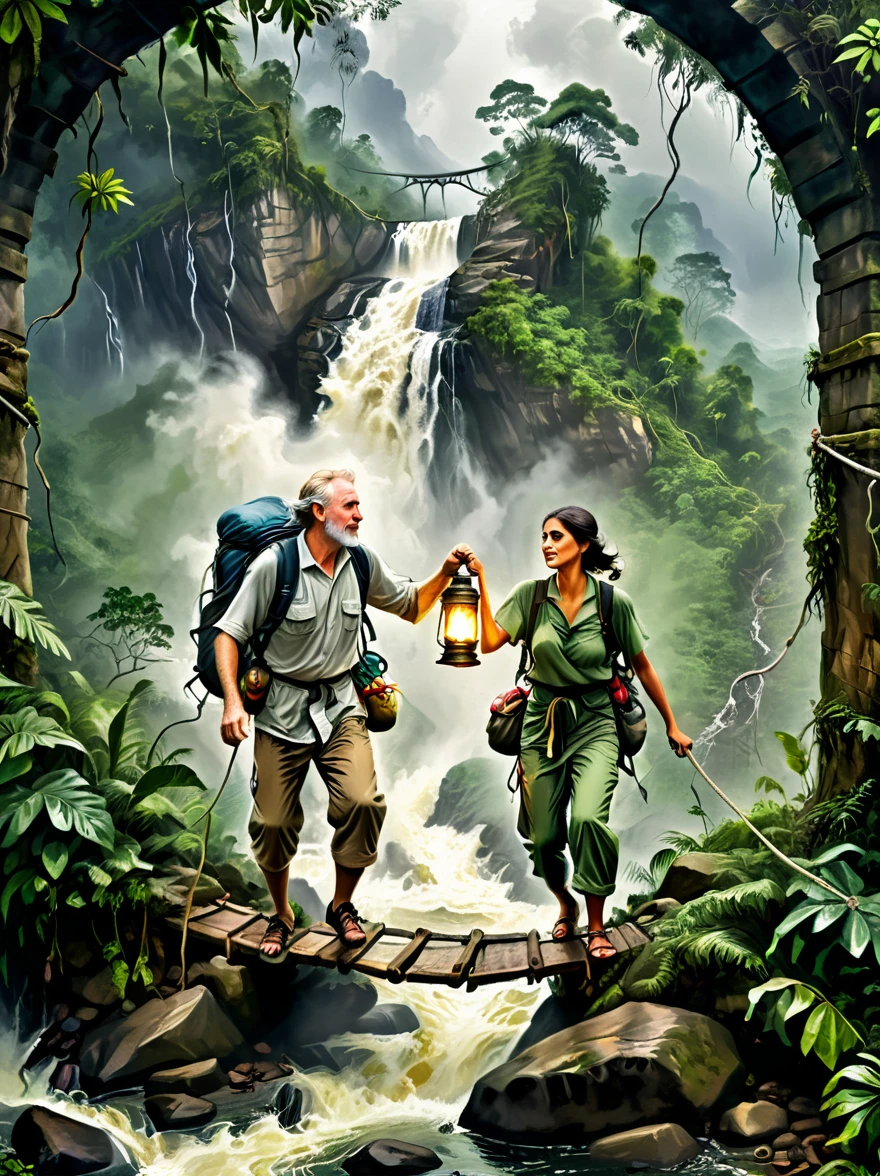 This is a picture full of exciting jungle adventure theme，Demonstrated resilience in the face of adversity，The background of the picture is a dense rainforest，Depicts a middle-aged white man and a young Middle Eastern woman，Both were dressed in rough clothing，Getting ready for a hike in the jungle，In a fierce storm，They crossed a dangerous rope bridge，There is a turbulent river under the bridge，On the top of a distant mountain，A figure holding a lantern，Bringing hope and inspiration to people，This image symbolizes courage in the face of adversity，Determination and tenacity，Emphasizes the indomitable spirit of human beings