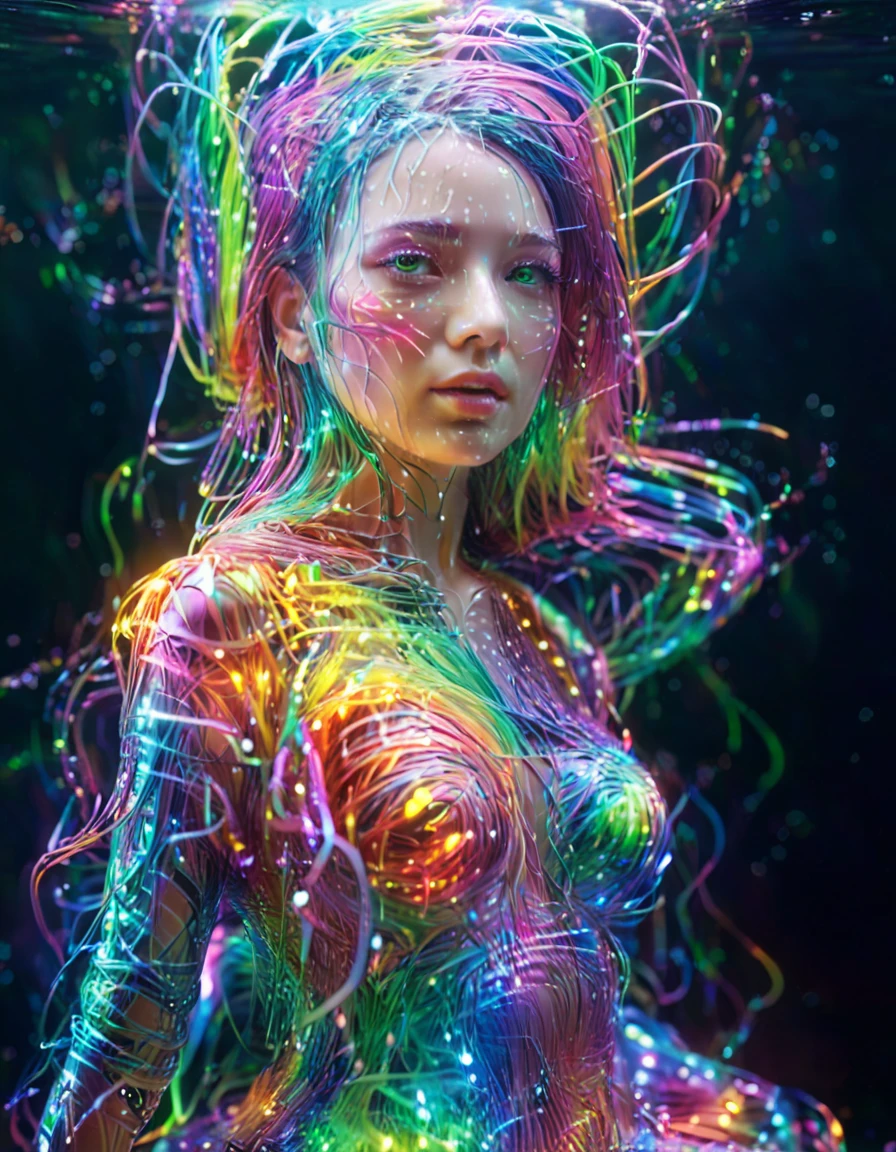 Ultra-Realistic Capture,18k,RAW Photos,Highest quality,masterpiece,reality,Very detailed,Live Action,Very beautiful woman,Android,cyborg,cyber-,(((whole body:2.0))),((Very detailedな電子機器)),((Skin that clearly shows the internal electronics)),headgear,Very thin connecting wire,Full-body connection lines,Wet body,Fully transparent rainbow skin,Wet long messy hair,Advanced AI,neon,Small glowing LED light,future,Glowing Skin,Big eyes,Long eyelashes,Colorful dress made of light particles,In the water,barefoot,