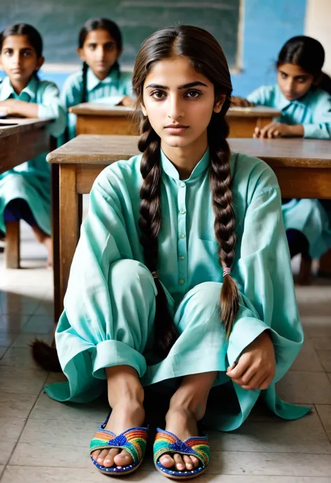 A pakistani 20 year old girl with a very long braid wearing slippers sitting inside a school wearing 
