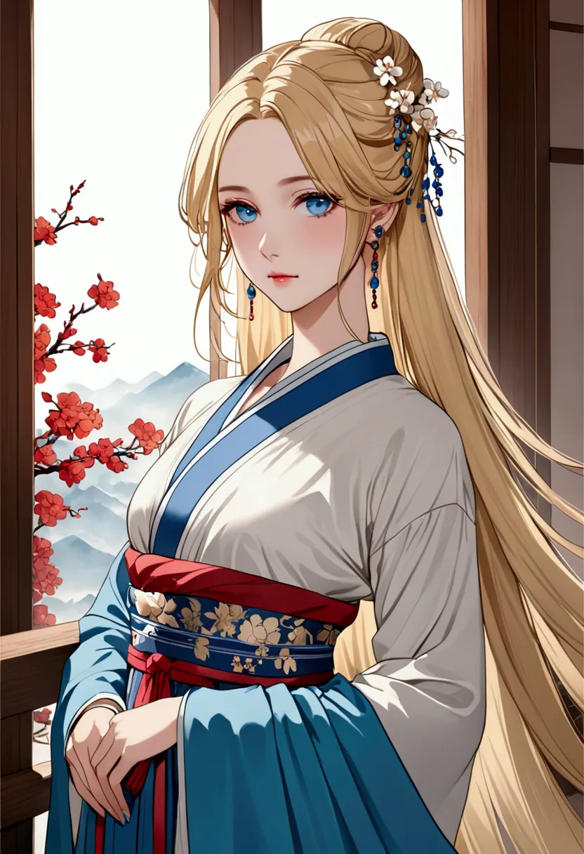 (masterpiece), high-definition Hanfu women, European and American face, perfect face, long blonde hair, blue eyes, very charming.