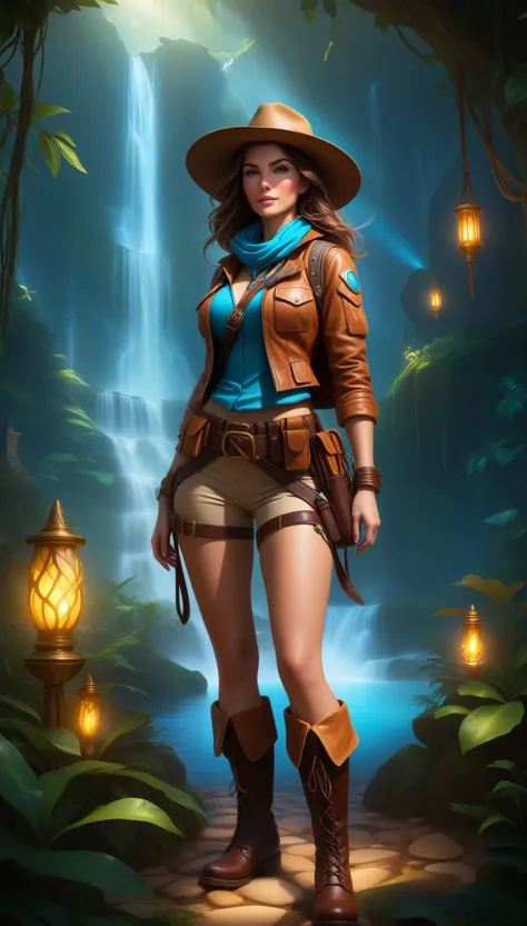 Masterpiece, Best Quality, Super Detailed, High Definition, HDR, Realistic, Depth, Fine Texture, Super Fine, Complete concentration.

Character: A brave female adventurer with a strong, determined expression. She is dressed in detailed explorer attire: a fitted leather jacket, utility belt with various tools, sturdy boots, and a wide-brimmed hat. She carries a mystical, glowing artifact in one hand and a map in the other.

Scene: Enchanted jungle filled with fantastical elements. Towering trees with bioluminescent vines, glowing flowers, and exotic, colorful plants. There are mystical creatures, like ethereal birds and gentle, glowing spirits, blending into the lush foliage.

Background: A hidden ancient temple covered in mystical runes and overgrown with vegetation. The temple emits a faint, magical glow, hinting at the secrets and treasures it holds. A waterfall cascades beside the temple, creating a serene yet adventurous atmosphere.

Lighting: Soft, magical light filtering through the trees, casting a warm, ethereal glow over the scene. Volumetric lighting with lens flare effects enhances the fantasy setting. The light reflects off the mystical artifact, adding an otherworldly shine.

Details: Detailed textures on the adventurer’s gear, such as worn leather, metallic zippers, and enchanted artifacts. The jungle is alive with vivid colors, intricate patterns on the plants, and the soft glow of bioluminescent flora.

Atmosphere: A sense of wonder, adventure, and mystery. The scene feels alive with magical energy, as if the jungle itself is watching over the adventurer. The sounds of rustling leaves, distant animal calls, and the gentle flow of the waterfall create an immersive experience.

Additional elements: Hidden paths and ancient statues partially covered in moss, glowing runes and symbols on the temple walls, and small, mystical creatures interacting with the adventurer. The presence of magical sparkles and ethereal light trails add to the fantasy feel.