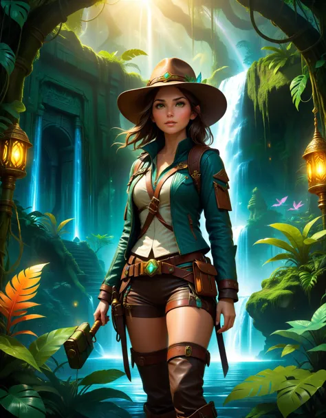 Masterpiece, Best Quality, Super Detailed, High Definition, HDR, Realistic, Depth, Fine Texture, Super Fine, Complete concentration.

Character: A brave female adventurer with a strong, determined expression. She is dressed in detailed explorer attire: a fitted leather jacket, utility belt with various tools, sturdy boots, and a wide-brimmed hat. She carries a mystical, glowing artifact in one hand and a map in the other.

Scene: Enchanted jungle filled with fantastical elements. Towering trees with bioluminescent vines, glowing flowers, and exotic, colorful plants. There are mystical creatures, like ethereal birds and gentle, glowing spirits, blending into the lush foliage.

Background: A hidden ancient temple covered in mystical runes and overgrown with vegetation. The temple emits a faint, magical glow, hinting at the secrets and treasures it holds. A waterfall cascades beside the temple, creating a serene yet adventurous atmosphere.

Lighting: Soft, magical light filtering through the trees, casting a warm, ethereal glow over the scene. Volumetric lighting with lens flare effects enhances the fantasy setting. The light reflects off the mystical artifact, adding an otherworldly shine.

Details: Detailed textures on the adventurer’s gear, such as worn leather, metallic zippers, and enchanted artifacts. The jungle is alive with vivid colors, intricate patterns on the plants, and the soft glow of bioluminescent flora.

Atmosphere: A sense of wonder, adventure, and mystery. The scene feels alive with magical energy, as if the jungle itself is watching over the adventurer. The sounds of rustling leaves, distant animal calls, and the gentle flow of the waterfall create an immersive experience.

Additional elements: Hidden paths and ancient statues partially covered in moss, glowing runes and symbols on the temple walls, and small, mystical creatures interacting with the adventurer. The presence of magical sparkles and ethereal light trails add to the fantasy feel.