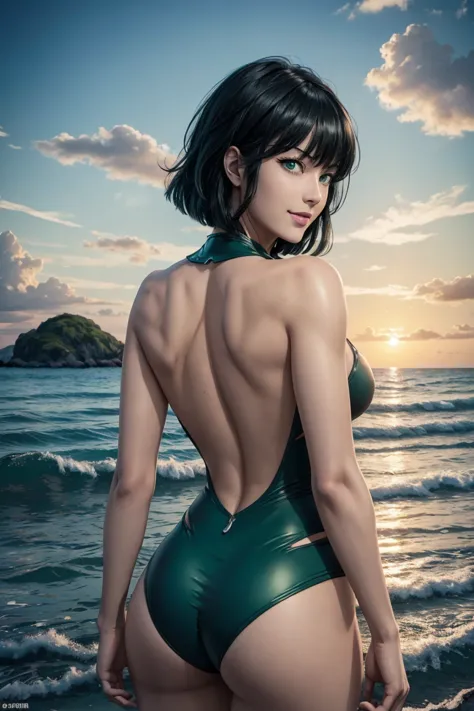 The best one,One Punch Man,Fubuki from Hell,Emerald green eyes,Beautiful black hair,Bangs down,Light green inner hair photoreali...