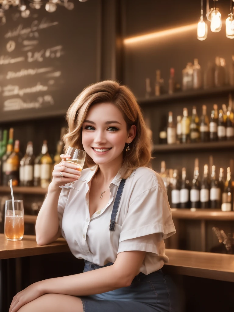 smiling woman sitting at a table with a glass of wine, with a drink, at a bar, probably in her 30s, around 20 yo, taken in the early 2020s, sitting at the bar, aleksandra waliszewska, very slightly smiling, in a bar, ewa juszkiewicz, sitting at a bar