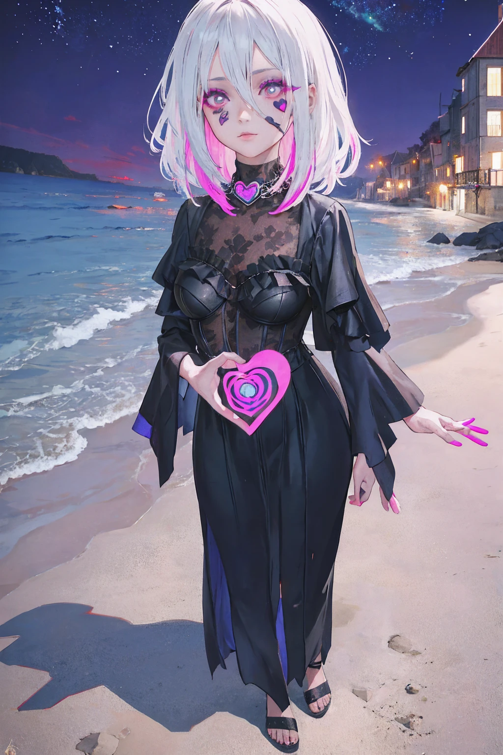 (​masterpiece), (best quality), Ultra resolution, muito detalhado, facing to viewer, anime-style, (Face shooting), white hair with pink at the ends, Gothic Kleid, dead by daylight Zobel ward, Zobel, (Viewers look at), Heart symbol on the right side of her face, dunkles Make-up, Walking on a beach at night and romantic moonlight