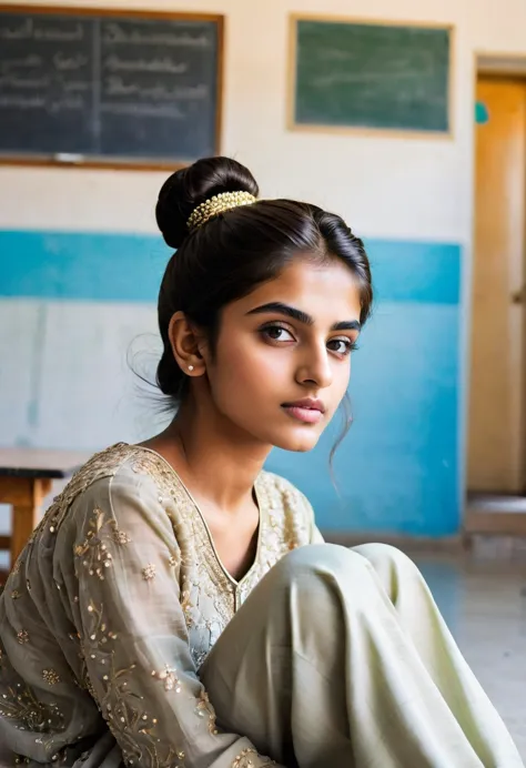 A pakistani 20 year old girl with a big indian style hair bun wearing slippers sitting inside a school wearing
