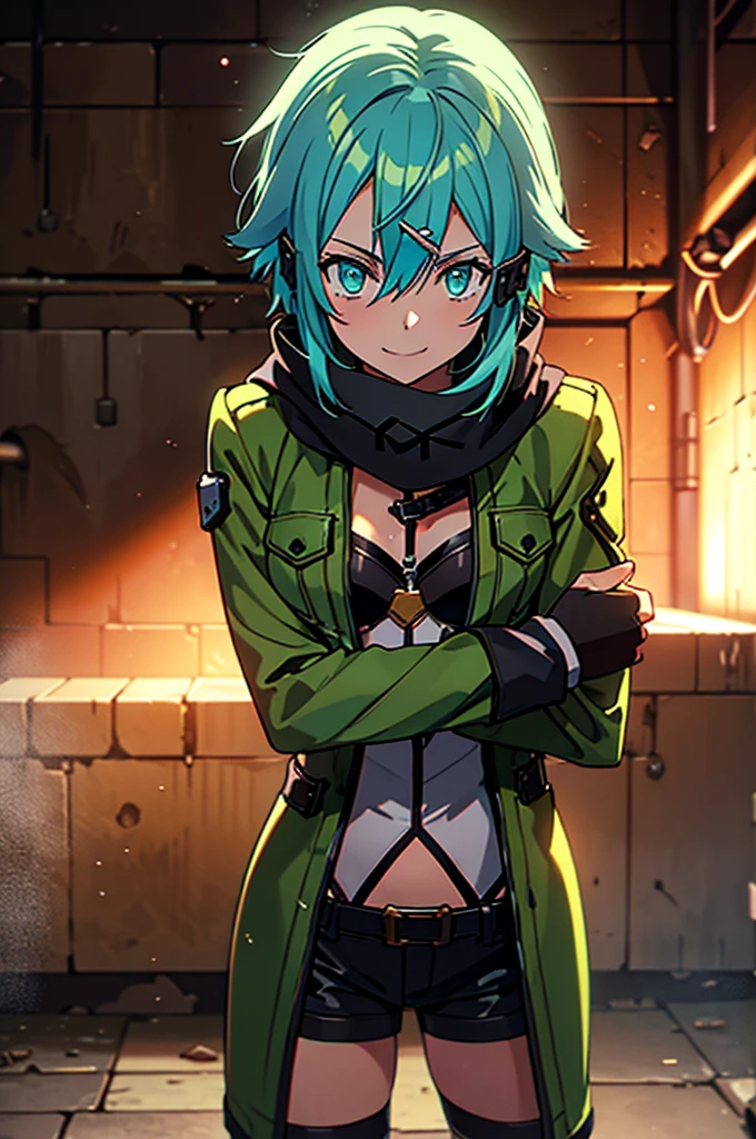 at a dungeon, dark dungeon, prison cell, sinon1, scarf, fingerless gloves, long sleeves, short shorts, hair ornament, hairclip, green thighhighs, green jacket, thigh strap, teasing face, undressing, hot, sweat, looking at viewer, light smile