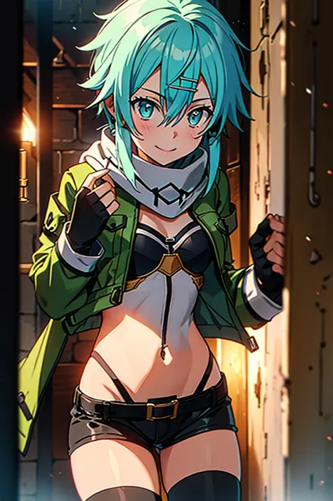 at a dungeon, dark dungeon, prison cell, sinon1, scarf, fingerless gloves, long sleeves, short shorts, hair ornament, hairclip, ...