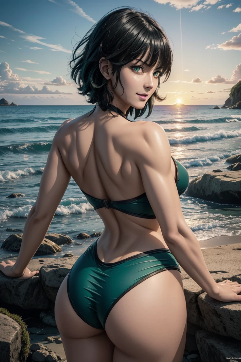 The best one,One Punch Man,Fubuki from Hell,Emerald green eyes,Beautiful black hair,Bangs down,Light green inner hair photorealistic,Ultra HD,high quality,masterpiece,Digital SLR,Detailed details,Intricate details,Anatomical basis,Depicted in detail,A detailed face,Realistic skin texture,Vivid details,Perfect Anatomy,Perfect Anatomy,Anatomically correct hand,Anatomically correct fingers,Super Detail,Complex 3D rendering,Huge ,Sexy pose,Sexy Swimwear,Beautiful back view,Beautiful sunset,Beautiful beaches,Fantastic sunny weather,Fantasy worldview,Picturesque,Pink Lips,smile,