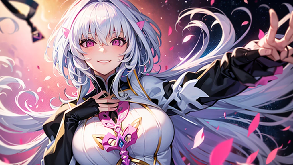 fate merlin, big breasts, pink streaks in her hair, black dress, long hair