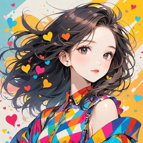 Mika Pikazo colorful style, Simple Line Initialism，Abstract art，Urban Background, (((The most beautiful girl of all time))), black eyes, Sweet face. Lips in love, colorful hearts, stylish design, black eyes