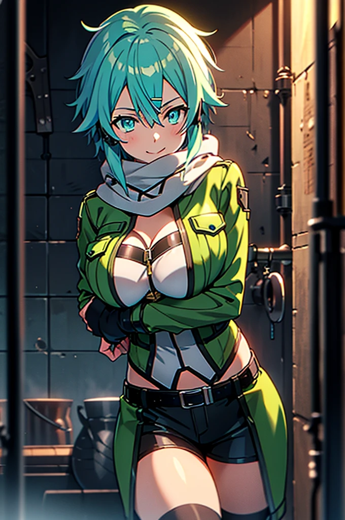 at a dungeon, dark dungeon, prison cell, sinon1, scarf, fingerless gloves, long sleeves, short shorts, hair ornament, hairclip, green thighhighs, green jacket, thigh strap, teasing face, undressing, hot, sweat, looking at viewer, light smile,huge breast,facing pov