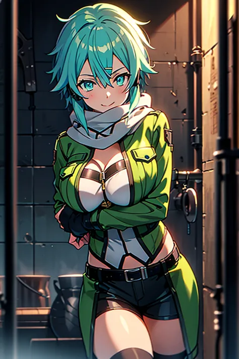 at a dungeon, dark dungeon, prison cell, sinon1, scarf, fingerless gloves, long sleeves, short shorts, hair ornament, hairclip, ...