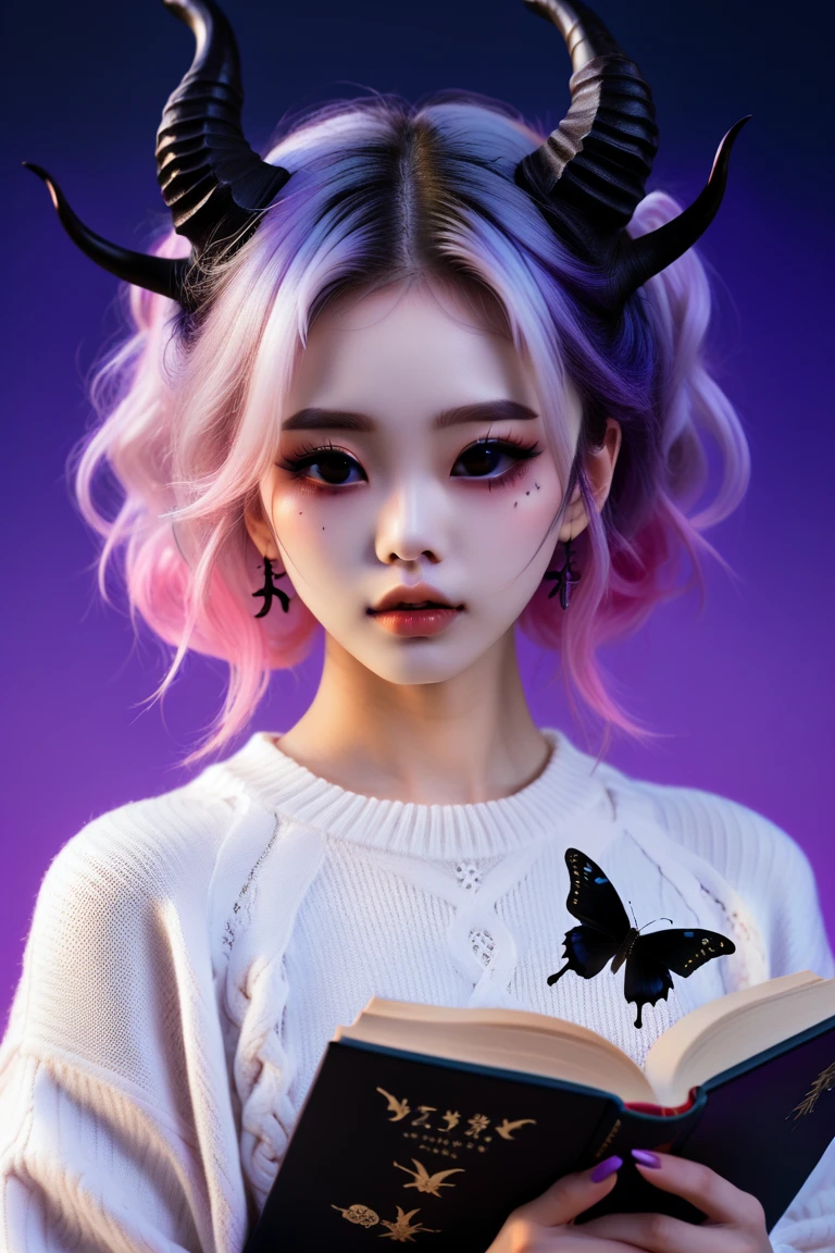 (Highest quality, sketch:1.2),Realistic,Illustrator,anime,1 Girl, Detailed lips,sweater,custom,Pink gradient background,Neon Hair,Texture Cropping,masterpiece, Style: Retro Classic, Dark Black、Braid、Under the Moon、black and purple hair、Beautiful Book、Blue butterfly hair ornament、Upstyle Hair、Hair is a night ,Scary demon、Black eyes、Horns growing、Japanese demon