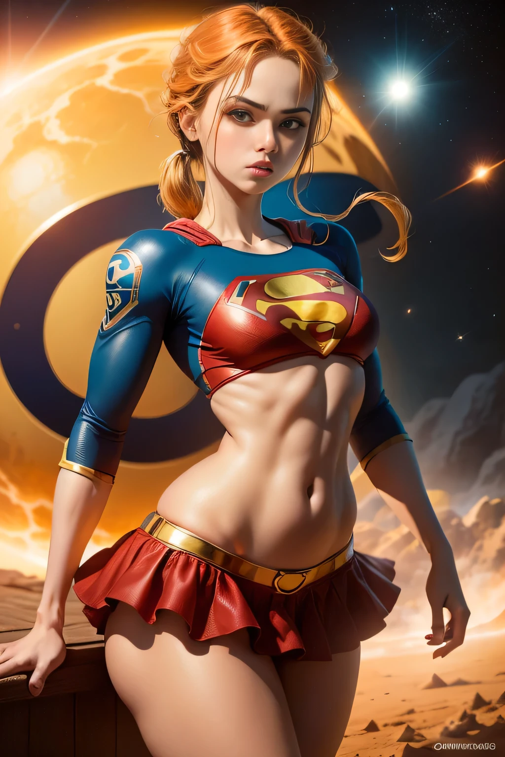 ((best quality)) ((ultradetailed)) ((Full body photo)) ((mit Supergirl-Outfit)) ((detailed face)) ((blue swimsuit with short red skirt)), ((huge breasts)) ((long orange hair)) ((long silky hair)) ((a Nami piece)) ((athletic body)) ((attractive eyes)) ((good eyes)) ((slim body)) ((High-resolution shadows)) ((attractive colors)) ((Gold Bracelets)) , Eng ,red cape, super man s symbol, bright shadows, sexy Pose, in space with the planets behind.