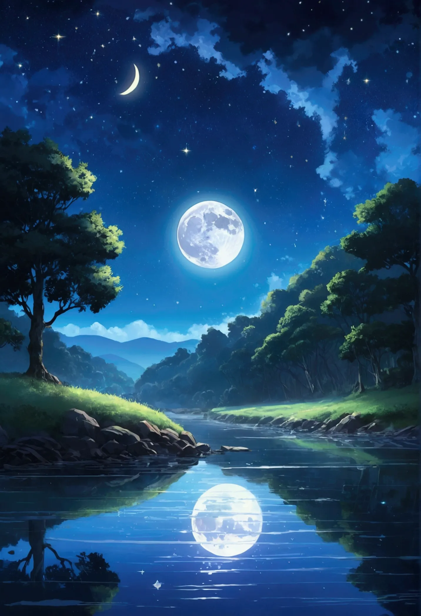 Painting of a river with stars and moon floating in the sky, Concept art inspired by Mitsuoki Tosa, pixiv Contest Winner, Highest quality, Fantasy art, Beautiful anime scene, Bright Moon, 月明かりとStarry Skyの環境, Dream Painting, Anime Background Art, Fantasy La...