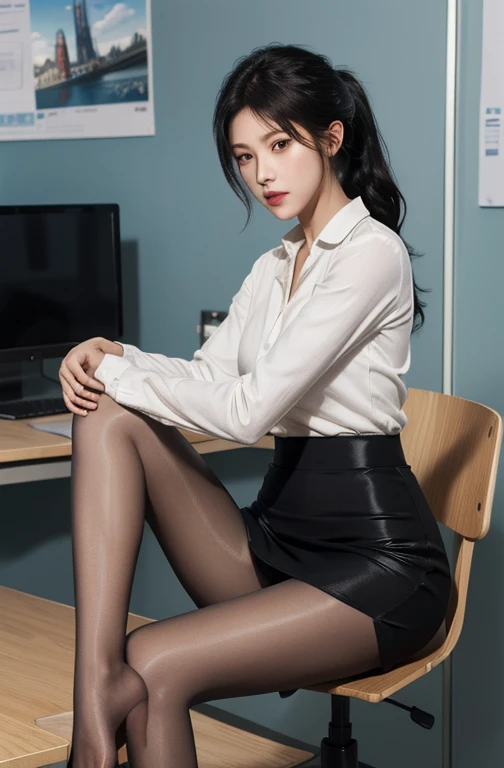 masterpiece, best quality, Official Art, Extremely detailed CG unified 8k wallpaper, (()), cap, in office, Long hair, Single ponytail, What's the big deal, Mature woman, black, Pantyhose,(Pencil Skirt), Eero 404, ((Long legs)),(巨What's the big deal)