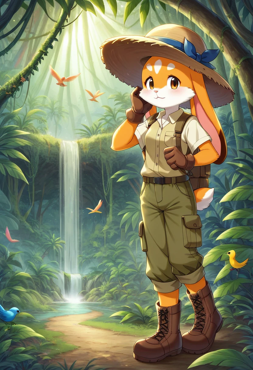 ((Masterpiece)), ((Best Quality)), (Very Detailed), ((Very Detailed)), 4K, (8K), very aesthetic, absurdres highres, 1 girl, (anthropomorphic Rabbit, furry, kemono:1.5), Adventurer, a jungle illuminated by the sunrise. A quiet and peaceful atmosphere, with giant rainforest trees and colorful birds flying between the vine-covered trees. jungle, tropical rainforest, lush trees, untouched, adventurer, detailed attire, khaki long-sleeve shirt, multi-pocket vest, cargo pants, trekking boots, gaiters, wide-brim hat, khaki backpack, gloves, morning light, colorful birds, sunlight reflection, peaceful, mysterious, exploration,