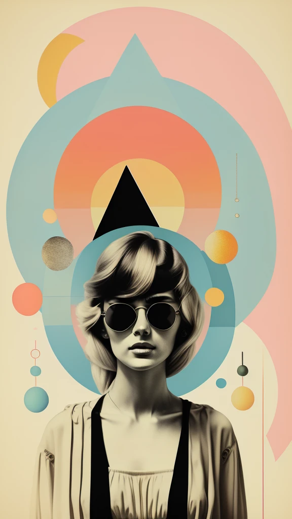 One Woman、There is a triangle and a crescent moon above his head.、Single blonde European woman wearing sunglasses with green circles on light blue background