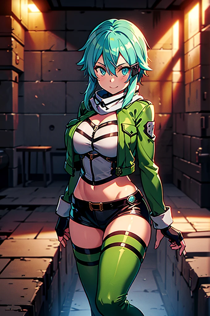 at a dungeon, dark dungeon, prison cell, sinon1, scarf, fingerless gloves, long sleeves, short shorts, hair ornament, hairclip, green thighhighs, green jacket, thigh strap, teasing face, undressing, hot, sweat, looking at viewer, light smile,huge breast,facing pov,slim waist,huge hips,posing