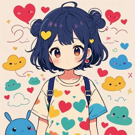 Makoto Shinkai colorful style, Simple Line Initialism，Abstract art，Kawaii Design, The most beautiful girl of all time、chibi, (((Cute pillbugs))), colorful hearts, summer version