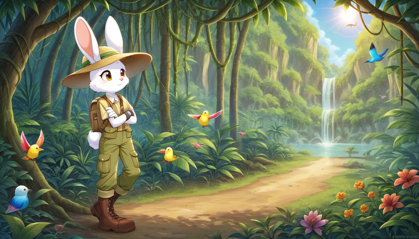 ((Masterpiece)), ((Best Quality)), (Very Detailed), ((Very Detailed)), 4K, (8K), very aesthetic, absurdres highres, 1 girl, (anthropomorphic Rabbit, furry, kemono:1.5), Adventurer, a jungle illuminated by the sunrise. A quiet and peaceful atmosphere, with giant rainforest trees and colorful birds flying between the vine-covered trees. jungle, tropical rainforest, lush trees, untouched, adventurer, detailed attire, khaki long-sleeve shirt, multi-pocket vest, cargo pants, trekking boots, gaiters, wide-brim hat, khaki backpack, gloves, morning light, colorful birds, sunlight reflection, peaceful, mysterious, exploration,