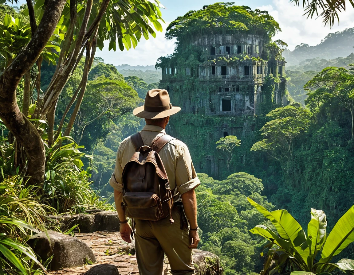 uma bela cena detalhada da selva, exuberante floresta tropical, Ruínas antigas, aventureiro explorando, folhagem detalhada, rochers mousse, la lumière du soleil filtre à travers les arbres, 1 pessoa, roupa de aventureiro, Mochila de caminhada, Chapéu estilo Indiana Jones, expression déterminée, (Meilleure qualité,4K,8K,haute résolution,chefe de&#39;obra de arte:1.2),Ultra-detalhado,(realista,photorealista,photo-realista:1.37),detalhes intrincados,iluminação de cinema,Cores brilhantes,sombras dramáticas,Atmosfera mística, ((suspendu à une liane la tête en bas))