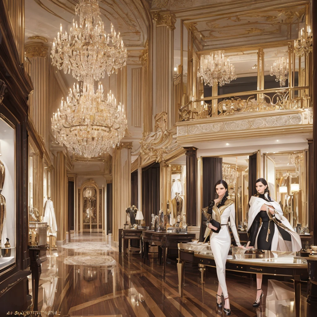 A highend fashion store, stylish mannequins, elegant interior design