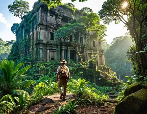 une belle scène de jungle détaillée, forêt tropicale luxuriante, ruines antiques, plantes carnivores, fleurs carnivore fantastiq...