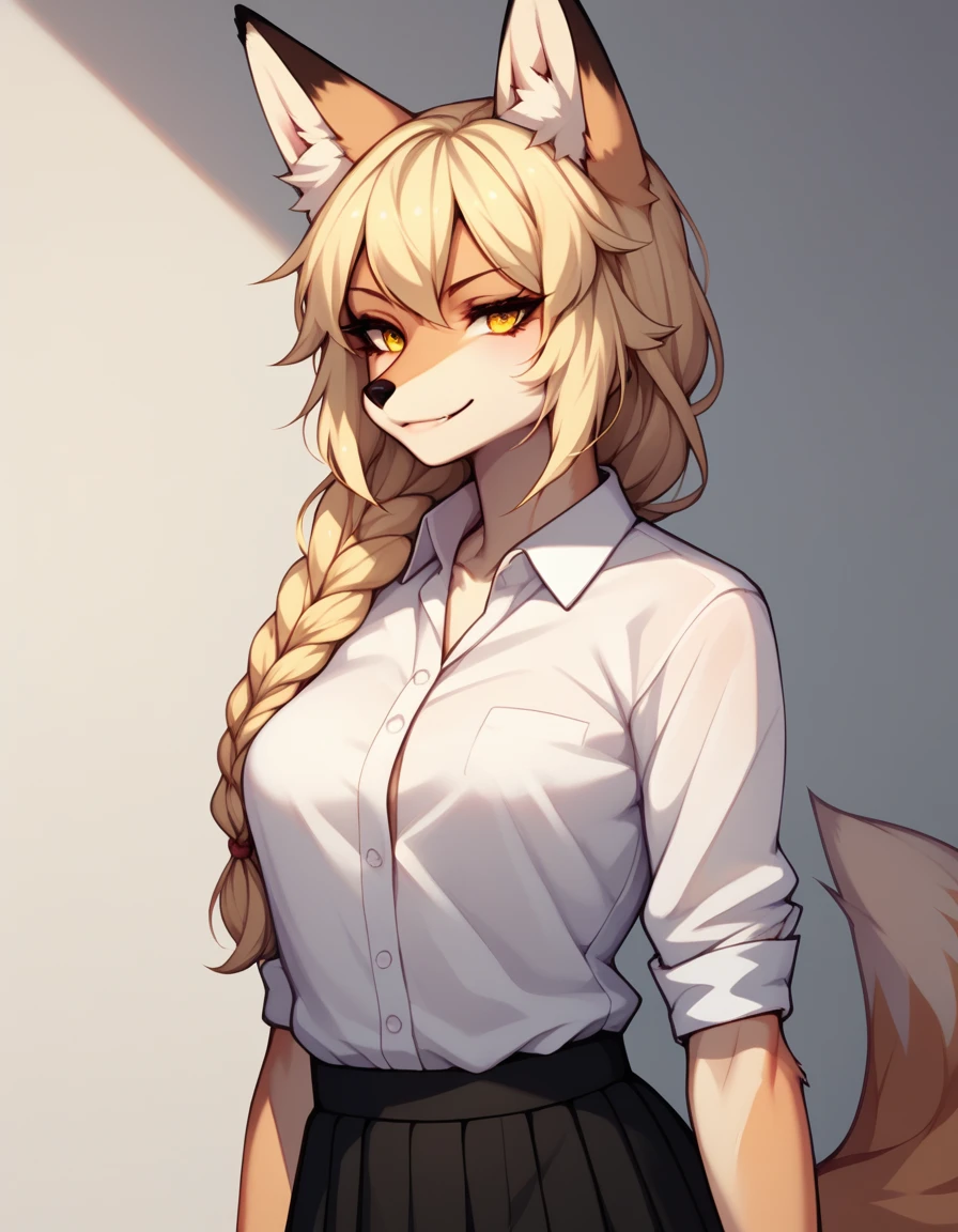 Solo, score_9, score_8_up, score_7_up, score_6_up, score_5_up, score_4_up, kemono style, Anthro, a cute yellow furry fox girl, Kimiko, blonde braided hair, yellow eyes, yellow furry body, fox ears and tail, standing, wearing white dress shirt, black skirt, smirking, upper body shot