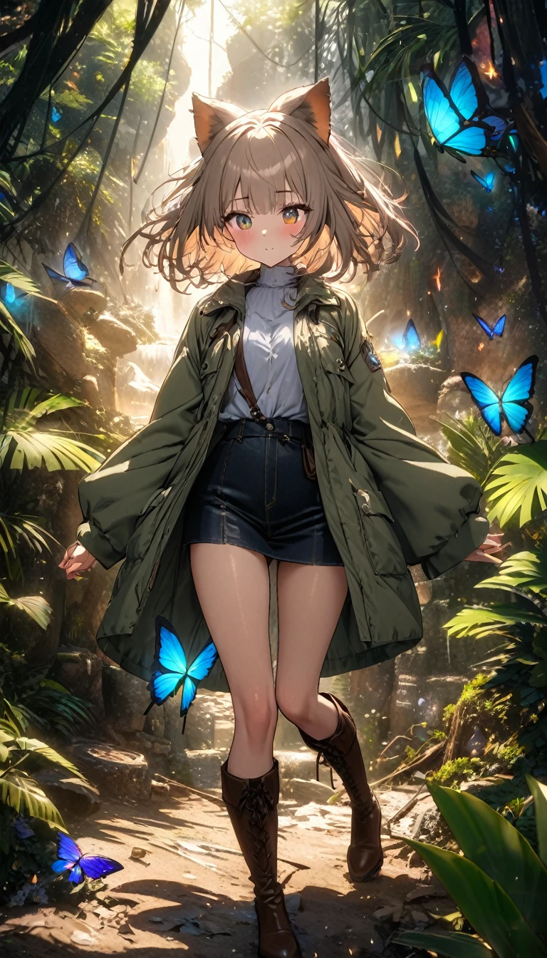 Highest quality, Highest quality, 16K, software, Unbelievably absurd, Very detailed, delicate and dynamic, Natural light, The particles reflect light beautifully, Diffuse reflection of light, Vortex of Light, jungle, jungleに隠された美しい古代遺跡, Colorful butterflies fluttering, Wildlife, firefly, 隠されたtreasure, maze, Skeleton, Create amazing image effects, Body close-up, pyramid, (Cute sexy girl, firm bouncing busts, Sensual expression, Passionate,Serious, Uplifting, Explorer, River Jacket, Explorerの装備, Explorerの服装, Leather boots, treasure)