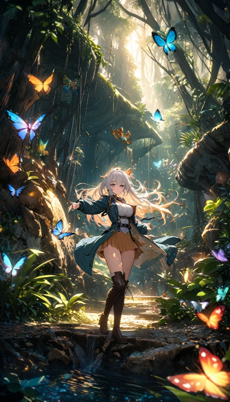 Highest quality, Highest quality, 16K, software, Unbelievably absurd, Very detailed, delicate and dynamic, Natural light, The particles reflect light beautifully, Diffuse reflection of light, Vortex of Light, jungle, jungleに隠された美しい古代遺跡, Colorful butterflies fluttering, Wildlife, firefly, 隠されたtreasure, maze, Skeleton, Create amazing image effects, Body close-up, pyramid, (Cute sexy girl, firm bouncing busts, Sensual expression, Passionate,Serious, Uplifting, Explorer, River Jacket, Explorerの装備, Explorerの服装, Leather boots, treasure)