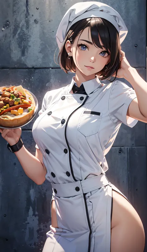 beautiful detailed girl, clear and beautiful, Chef in classic attire, short hair, chef hat, Pose with hands together