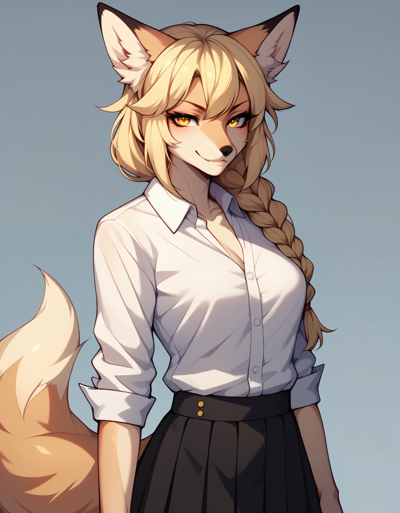 Solo, score_9, score_8_up, score_7_up, score_6_up, score_5_up, score_4_up, kemono style, Anthro, a cute yellow furry fox girl, Kimiko, blonde braided hair, yellow eyes, yellow furry body, fox ears and tail, standing, wearing white dress shirt, black skirt, smirking, upper body shot