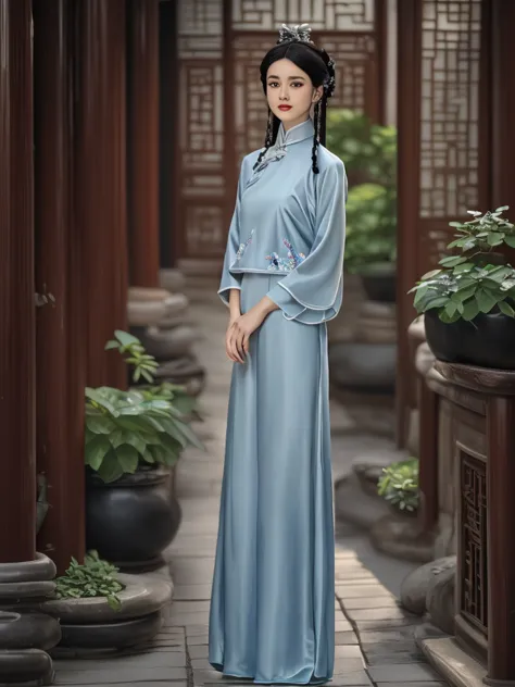 a gorgeous chinese girl in a delicate, light blue hanfu with intricate silver embroidery, standing in a traditional chinese cour...