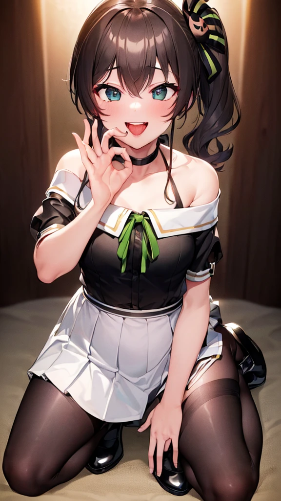  ((((Open your mouth))))、masterpiece,Highest quality,High resolution,Very detailed,bb Festival,meだium hair,skinny,Ahoge,Brown Hair,(((((  Captivating smile ))))),skinny,Hair between the eyes,bangs,Hair Ribbon,Black choker,Earrings,Black Ribbon,plaiだ shirt,Grey Shirt,Shoulder cut-outs,Short sleeve,See-through sleeves,Black Skirt,High Waist Skirt,Race,(((( Perfect Fingers )))) ,  shoes,(black shoes:1.4),Race trim,shoes,Black footwear,indoor,(Cafe:1.2),((Blowjob Gestures:1.5))、Open your mouth ,Sitting,Chair,Heavy breathing ,Put your hand in front of your mouth,Put your hand in front of your mouth, manga,article,magazine、(Black Mask:1.2, Remove the mask:1.3)