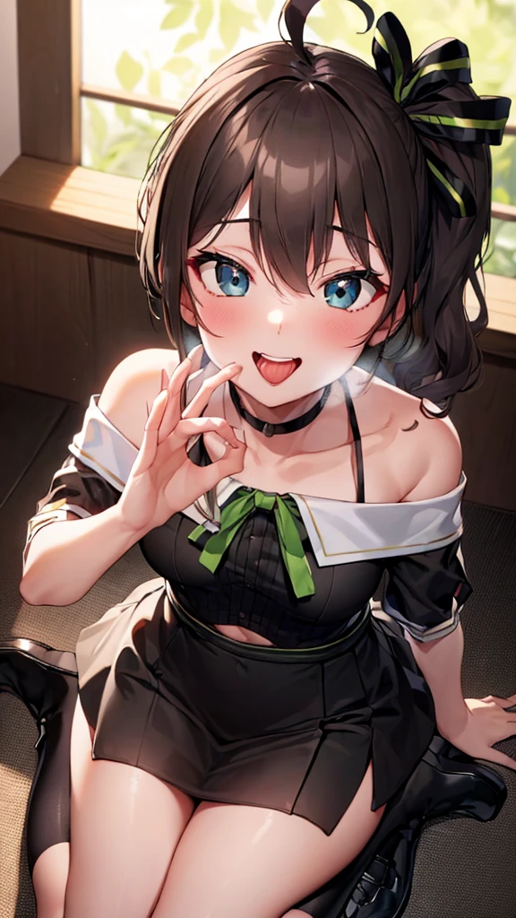  ((((Open your mouth))))、masterpiece,Highest quality,High resolution,Very detailed,bb Festival,meだium hair,skinny,Ahoge,Brown Hair,(((((  Captivating smile ))))),skinny,Hair between the eyes,bangs,Hair Ribbon,Black choker,Earrings,Black Ribbon,plaiだ shirt,Grey Shirt,Shoulder cut-outs,Short sleeve,See-through sleeves,Black Skirt,High Waist Skirt,Race,(((( Perfect Fingers )))) ,  shoes,(black shoes:1.4),Race trim,shoes,Black footwear,indoor,(Cafe:1.2),((Blowjob Gestures:1.5))、Open your mouth ,Sitting,Chair,Heavy breathing ,Put your hand in front of your mouth,Put your hand in front of your mouth, manga,article,magazine、(Black Mask:1.2, Remove the mask:1.3)